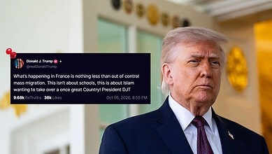 Donald Trump speaking with a serious expression, in a formal setting.