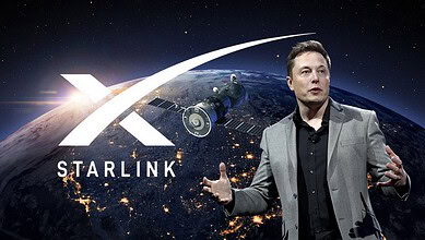 Elon Musk discusses Starlink's affordable internet services from space with Earth in the background.