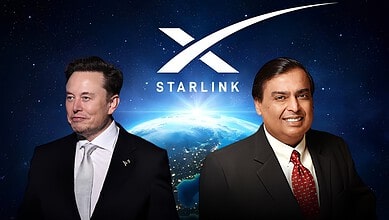 Elon Musk and an Indian official in front of Starlink logo and Earth from space.