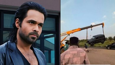 Emraan Hashmi's next film action shoot scene with a crane lifting a car.