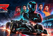 Formula Ride racing car with drivers at Hyderabad's 7Seas event, vibrant night scene.
