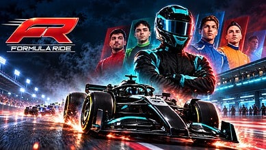 Formula Ride racing car with drivers at Hyderabad's 7Seas event, vibrant night scene.