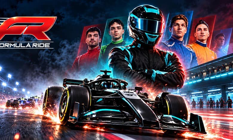 Formula Ride racing car with drivers at Hyderabad's 7Seas event, vibrant night scene.