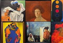 Collection of diverse artworks including abstract, portrait, and figurative paintings.