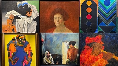 Collection of diverse artworks including abstract, portrait, and figurative paintings.