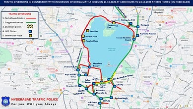 Map showing Hyderabad traffic restrictions for Durga idol immersion on 21-10-2026.