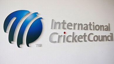 International Cricket Council logo on a white wall, promoting cricket development in China.