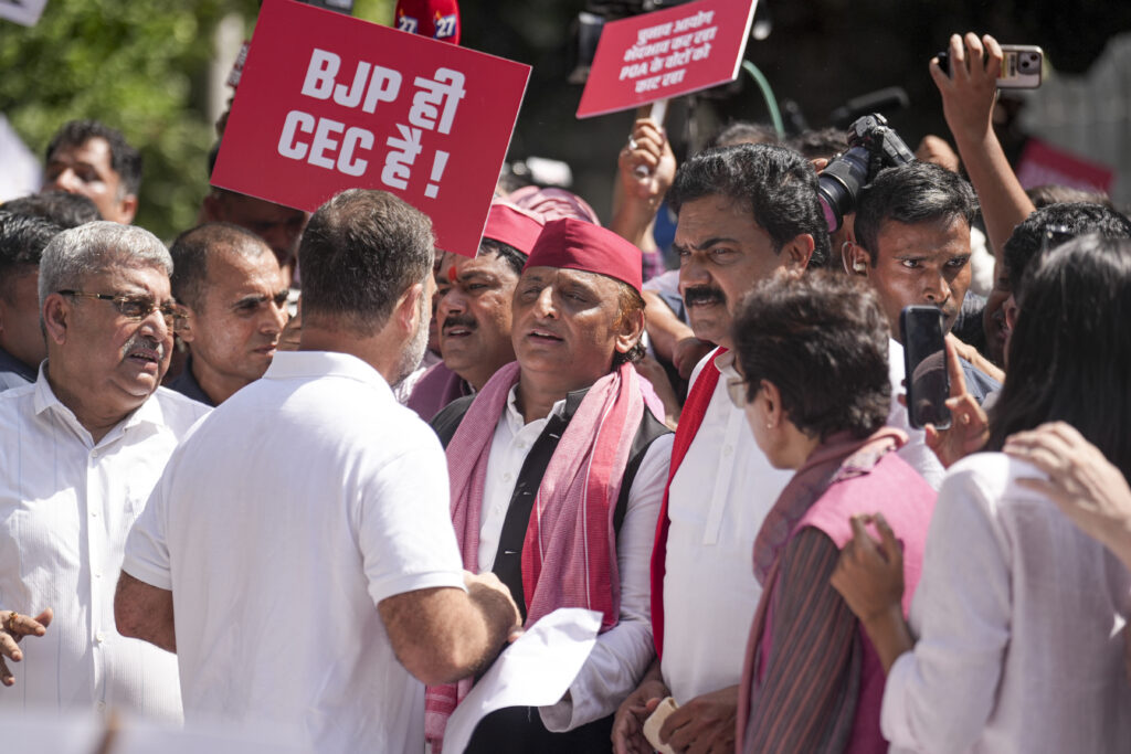 INDIA bloc MPs protest demanding CEC's resignation during march to EC.