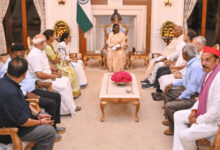 Mamata Banerjee with INDIA bloc MPs during meeting at Rashtrapati Bhavan in India.