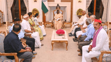Mamata Banerjee with INDIA bloc MPs during meeting at Rashtrapati Bhavan in India.