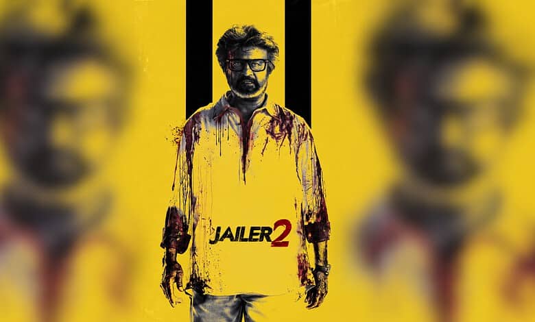 Poster of Jailer 2 featuring Rajinikanth in a yellow shirt with a serious expression.