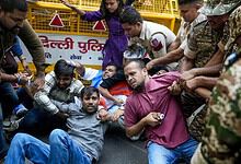 Clash between police and protesters during a demonstration in India.