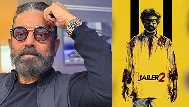 Kamal Haasan in sunglasses with a beard, wearing a black jacket, at an event.