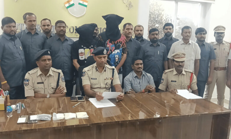 Police officers and suspects during drug bust in Kerala, India.