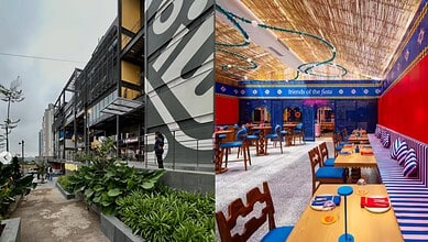Modern building exterior and colourful restaurant interior in Hyderabad.