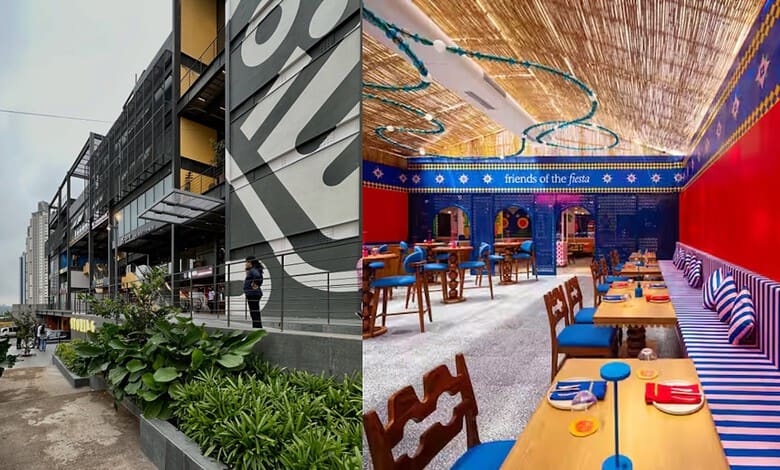 Modern building exterior and colourful restaurant interior in Hyderabad.