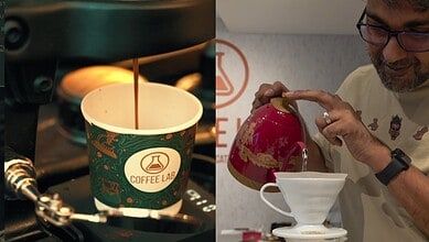 Barista pouring hot coffee into a cup at Hyderabad's first coffee school.