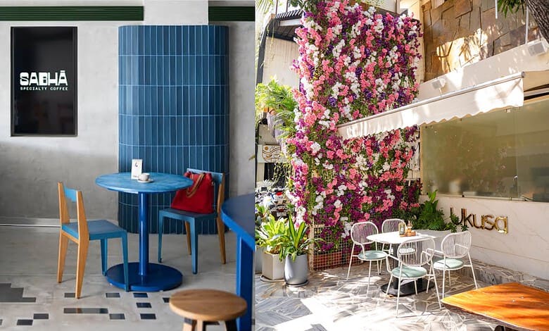 Modern Hyderabad cafe with colourful decor and outdoor seating for brunch.