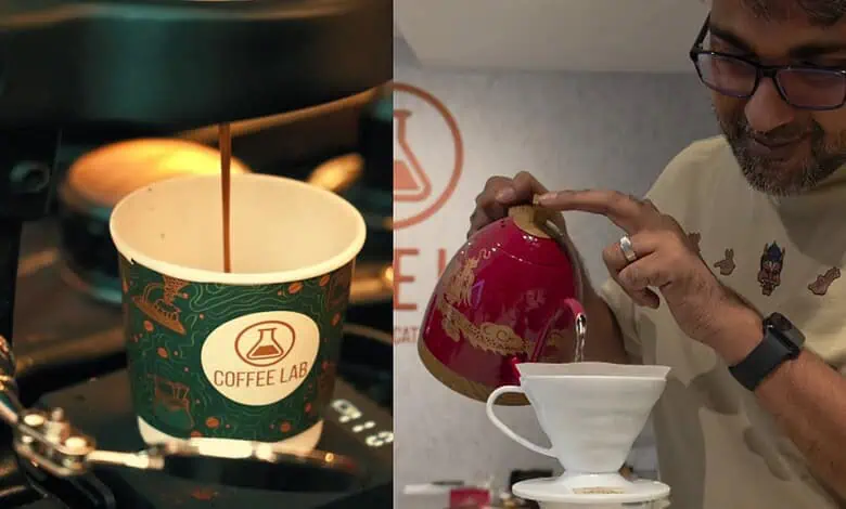 Barista pouring hot coffee into a cup at Hyderabad's first coffee school.
