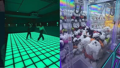 Indoor gaming zone with glowing LED floor and plush toy claw machine at The Siasat Daily.