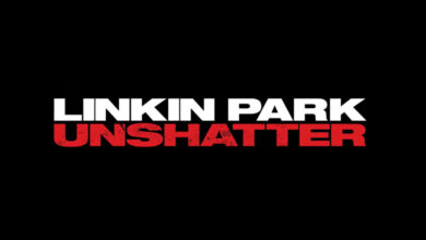Linkin Park Unshatter album cover with bold white and red text on black background.