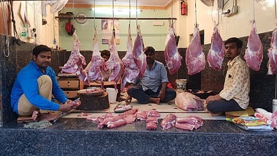 Meat shop with hanging cuts of meat and three men sitting on the floor.