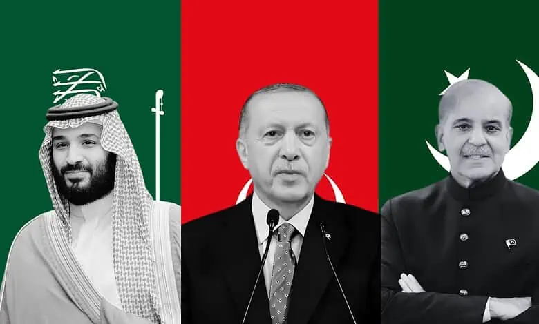 Leaders from Saudi Arabia, Russia, and Pakistan in a composite image with national flags.
