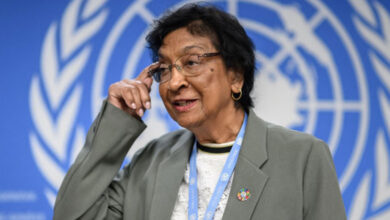 UN official woman with glasses and UN logo background, wearing a grey blazer and a badge.