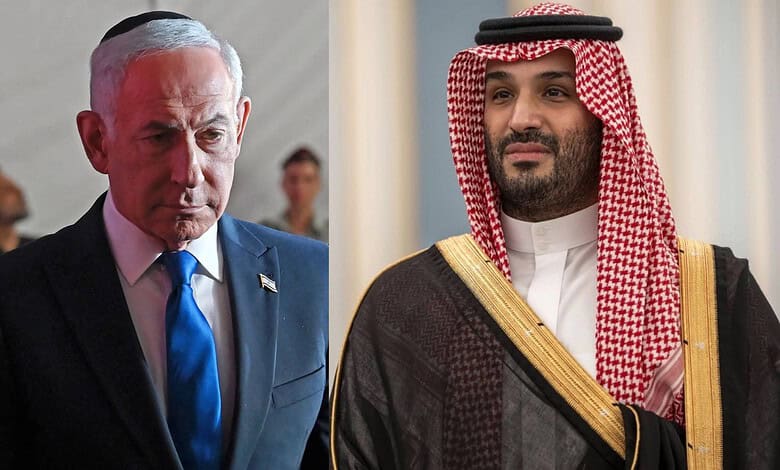 Israeli Prime Minister Benjamin Netanyahu and Saudi official in a diplomatic meeting.