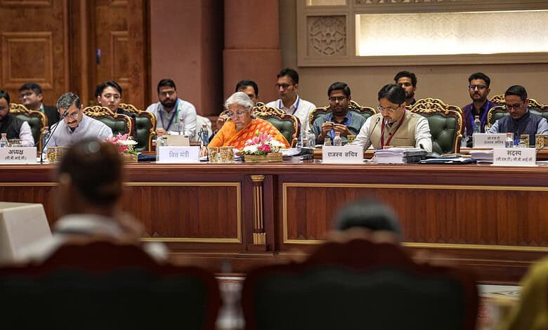 Union Minister for Finance and Corporate Affairs Nirmala Sitharaman during the 57th meeting of the Goods and Services Tax (GST) Council, in New Delhi, Thursday, Oct. 8, 2026. (PTI Photo/Karma Bhutia)