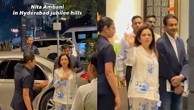 Nita Ambani in Jubilee Hills, Hyderabad, surrounded by people and media.