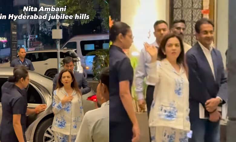 Nita Ambani in Jubilee Hills, Hyderabad, surrounded by people and media.