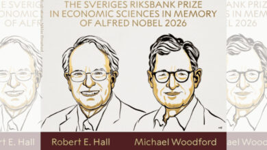 Illustration of Robert E. Hall and Michael Woodford, Nobel laureates in economics 2023.