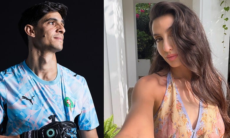 Nora Fatehi and Yassine Bounou in casual photos, no direct interaction shown.