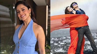 Nushrratt Bharuccha smiling in a blue sleeveless dress, outdoor setting.