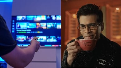Person browsing OTT streaming service on TV, another enjoying coffee at home.