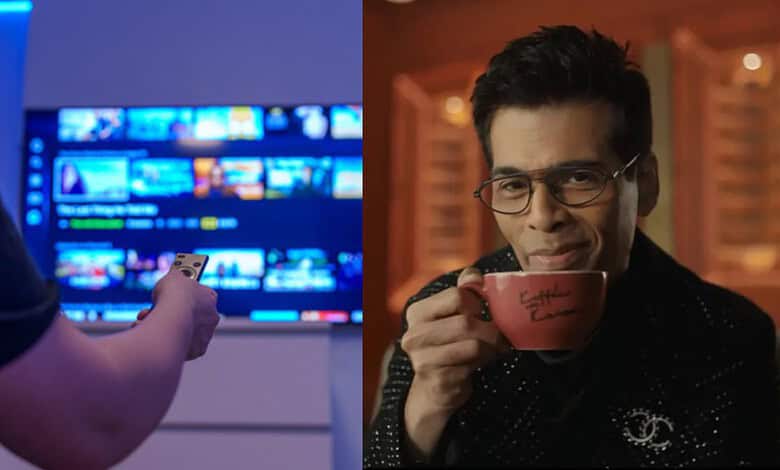 Person browsing OTT streaming service on TV, another enjoying coffee at home.