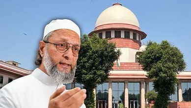 Owaisi speaking outdoors with the Supreme Court building in the background.