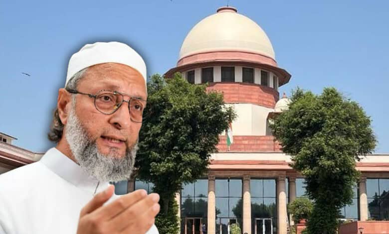 Owaisi speaking outdoors with the Supreme Court building in the background.
