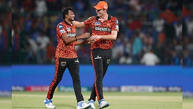 Sunrisers Hyderabad players celebrating during a cricket match in the IPL.