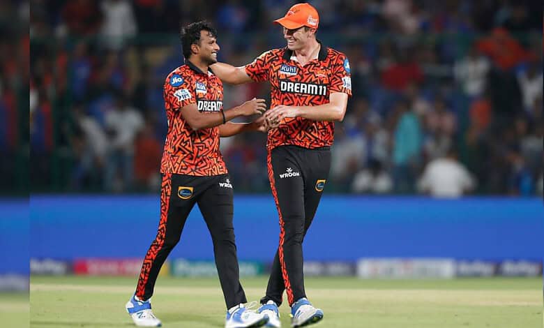 Sunrisers Hyderabad players celebrating during a cricket match in the IPL.