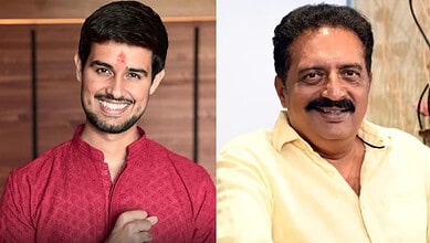 Dhruv Rathee and Prakash Raj smiling at a public event in Bengaluru.