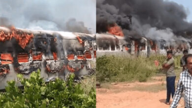 Burning train coaches at Rajanukunte railway yard in Karnataka, with thick smoke and flames visible.