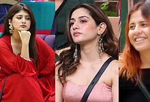 Three female contestants in Bigg Boss 20 during eviction episode, showing varied expressions.