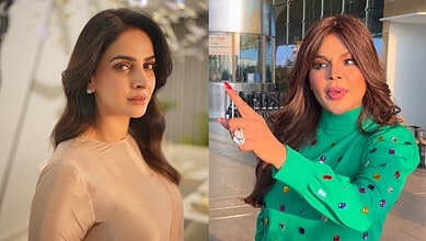 Pak actress Saba Qamar with Rakhi Sawant in Dubai, vibrant scene, social event, celebrity interaction.