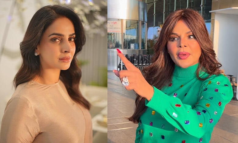 Pak actress Saba Qamar with Rakhi Sawant in Dubai, vibrant scene, social event, celebrity interaction.