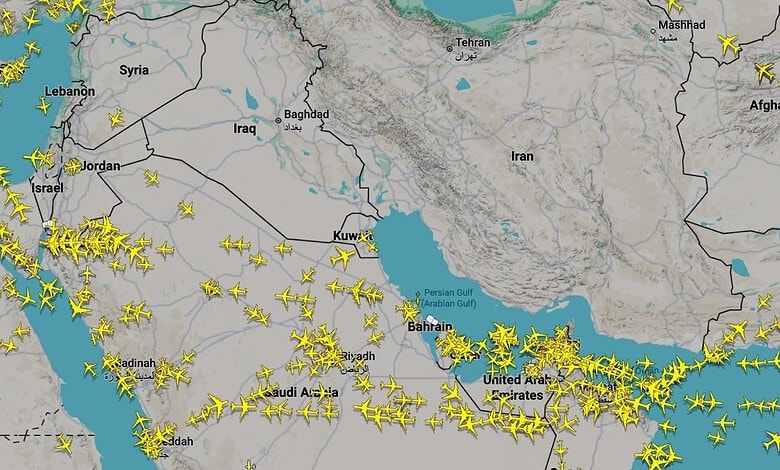 Numerous aircraft flying over Middle East and Gulf region, indicating busy airspace.