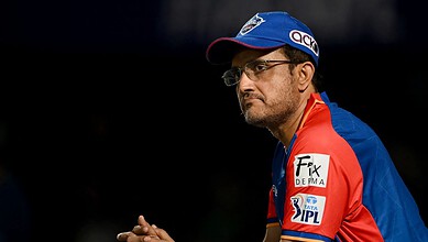 Sourav Ganguly in Delhi Capitals team jersey during IPL 2027 coaching role.