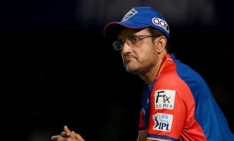 Sourav Ganguly in Delhi Capitals team jersey during IPL 2027 coaching role.