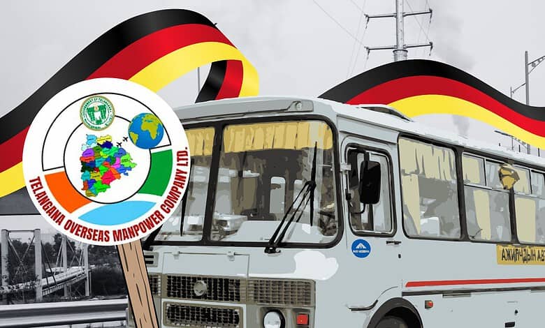 German bus with a flag and a logo promoting overseas manpower and community development.